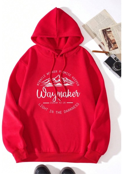 Kırmızı Waymaker Baskılı Oversize Kapüşonlu Erkek Sweatshirt