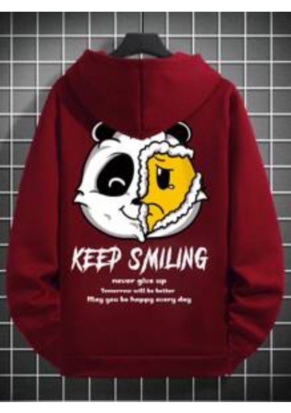 Bordo Keep Smiling Baskılı Oversize Kapüşonlu Erkek Sweatshirt