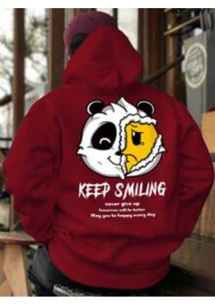 Bordo Keep Smiling Baskılı Oversize Kapüşonlu Erkek Sweatshirt