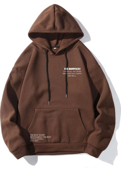 Kahverengi The Hapiest Baskılı Oversize Kapüşonlu Erkek Sweatshirt