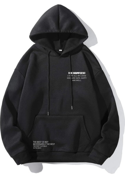 Siyah The Hapiest Baskılı Oversize Kapüşonlu Erkek Sweatshirt