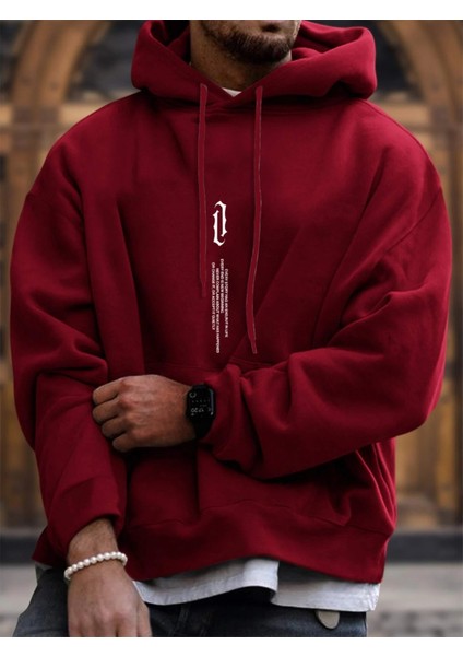 Bordo Dikey Baskılı Oversize Kapüşonlu Erkek Sweatshirt