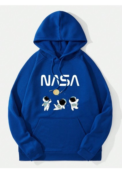Mavi 3 Astronot Nasa Baskılı Oversize Kapüşonlu Erkek Sweatshirt