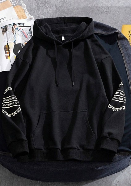 Siyah Kol Baskılı Oversize Kapüşonlu Erkek Sweatshirt