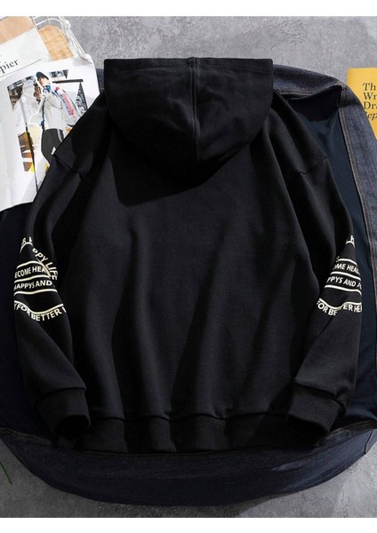 Siyah Kol Baskılı Oversize Kapüşonlu Erkek Sweatshirt