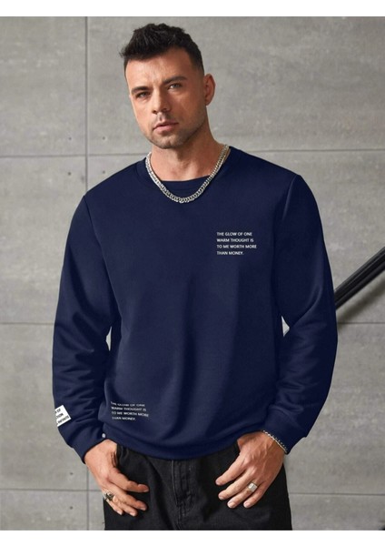 Lacivert The Glow Baskılı Oversize Bisiklet Yaka Erkek Sweatshirt modelleri