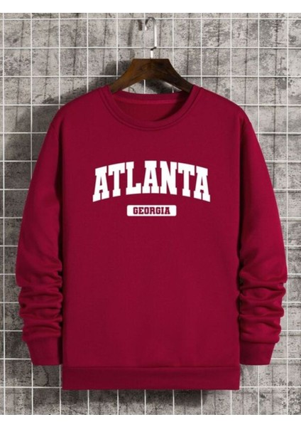 Atlanta Geogria Baskılı Kırmızı Oversize Bisiklet Yaka Sweatshirt