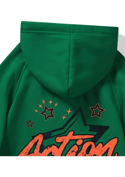 Yeşil Action Baskılı Oversize Kapüşonlu Erkek Sweatshirt fırsatları