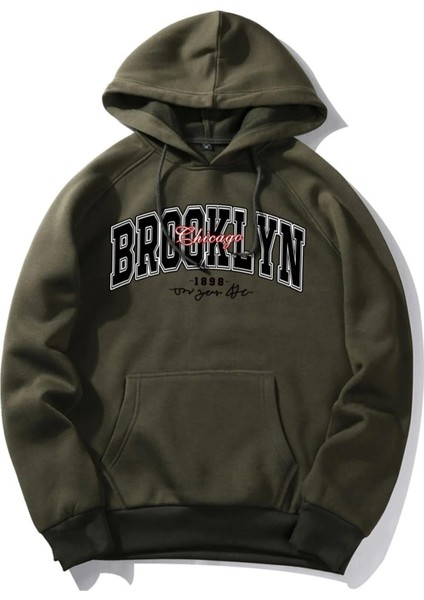 Yeşil Imzalı Brooklyn Baskılı Oversize Kapüşonlu Erkek Sweatshirt