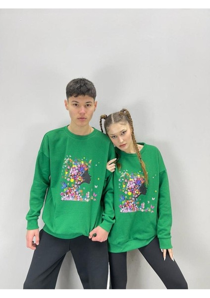 Unisex Yeşil Çiçek Saçlı Baskılı Bisiklet Yaka Sevgili Kombini 2'li Set fiyatları