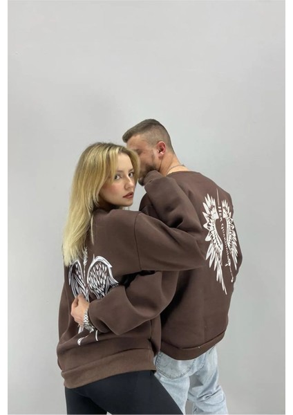 Unisex Kahverengi Melek Kanadı Baskılı Bisiklet Yaka Sevgili Çift Kombini 2'li Set