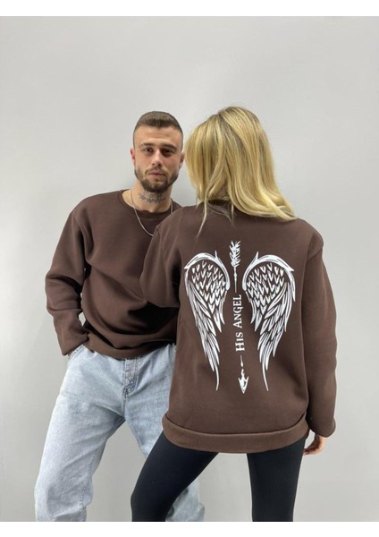 Unisex Kahverengi Melek Kanadı Baskılı Bisiklet Yaka Sevgili Çift Kombini 2'li Set modelleri