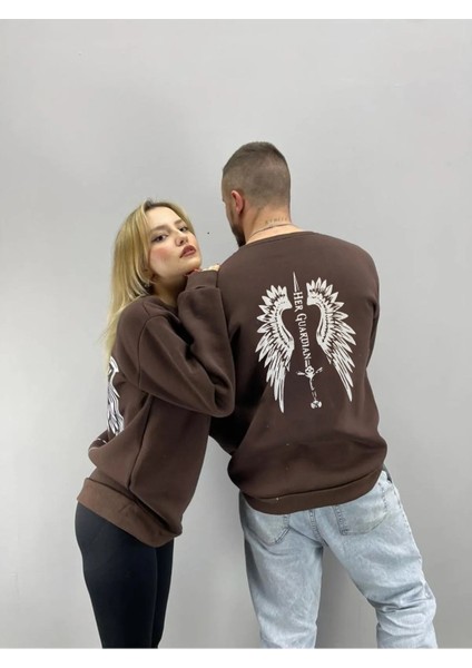 Unisex Kahverengi Melek Kanadı Baskılı Bisiklet Yaka Sevgili Çift Kombini 2'li Set fırsatları