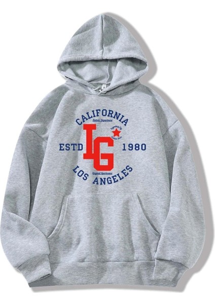 Unisex Gri Calıfornıa 1980 Baskılı Kapüşonlu Oversize Sweatshirt