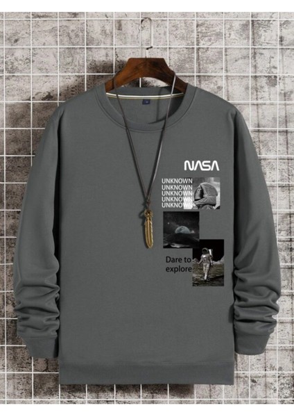 Unisex Antrasit Nasa Baskılı Bisiklet Yaka Sweatshirt