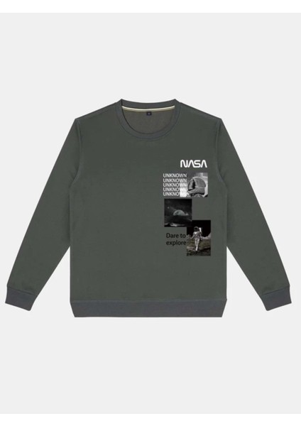 Unisex Antrasit Nasa Baskılı Bisiklet Yaka Sweatshirt modelleri