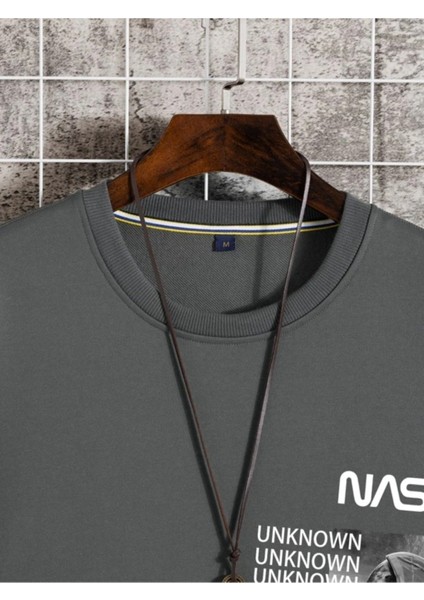 Unisex Antrasit Nasa Baskılı Bisiklet Yaka Sweatshirt fırsatları