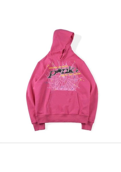 Unısex Pembe Spıder Pink World Wild Baskılı Oversize Kapüşonlu Sweatshirt