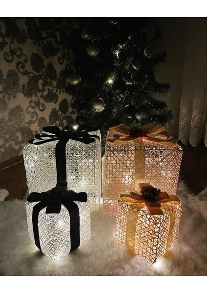 Dekoratif Yılbaşı Ağacı Altı LED Işıklı Hediye Kutu Seti