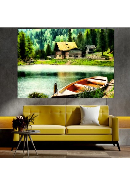 Homearths Köy Evi ve Göl Manzaralı Dekoratif Duvar Tablosu