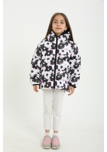 Kız Çocuk Beyaz Mor Çiçek Desen Içi Polar Su ve Rüzgar Geçirmez Kapüşonlu Cepli Şişme Kışlık Mont fırsatları
