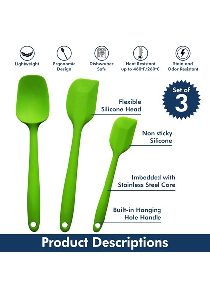 Silikon Spatula 3'lü Set U2013 Yüksek Isıya Dayanıklı | Esnek Kafa Tasarımlı Yapışmaz Kauçuk | Bulaşık Makinesinde Yıkanabilir | Ergonomik Sap - Pişirme, Fırınlama ve Karıştırma G (Yurt Dışından)