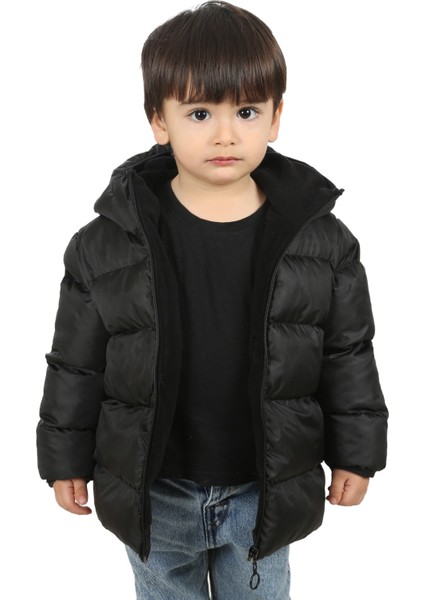 Erkek Çocuk Siyah Içi Polarlı Kapüşonlu Su Geçirmez Rüzgara Dayanıklı Şişme Kışlık Mont & Kaban