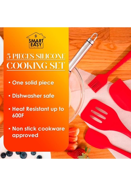Yapışmaz Silikon Tencere Seti - 5 Parça Isıya Dayanıklı ve Sağlıklı - Spatula ve Silikon Köpük Içerir (Kırmızı) (Yurt Dışından)