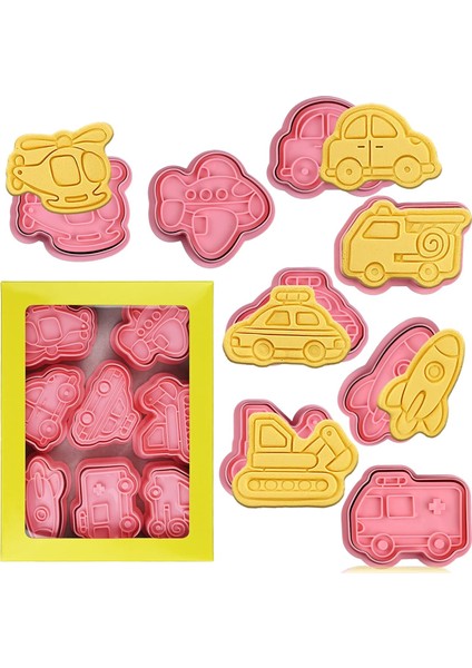 Piston Stamper ile Taşıma Aracı Çerez Kesiciler, Fondan Bisküvi Pasta Peynir Pişirme Için 8 Parça Taşıma Tema Kabartma Kesici (Yurt Dışından)