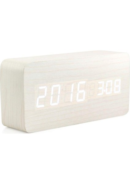 Ahşap Dijital Çalar Saat, Ahşap Moda Çok Fonksiyonlu LED Çalar Saat, USB Güç Kaynağı, Ses Kontrolü, Termometre - Beyaz (Yurt Dışından)