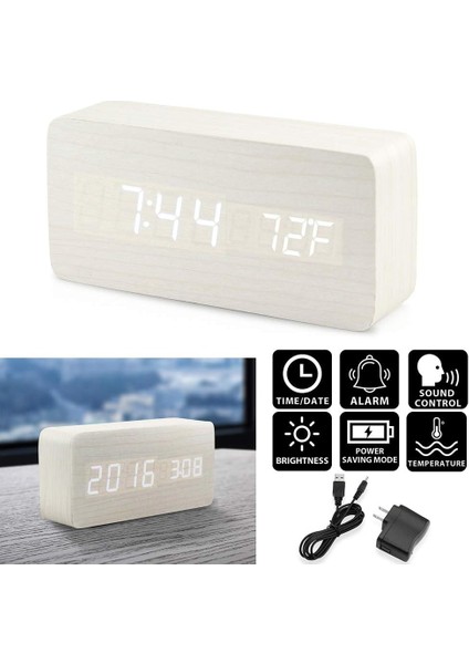 Ahşap Dijital Çalar Saat, Ahşap Moda Çok Fonksiyonlu LED Çalar Saat, USB Güç Kaynağı, Ses Kontrolü, Termometre - Beyaz (Yurt Dışından) fiyatları