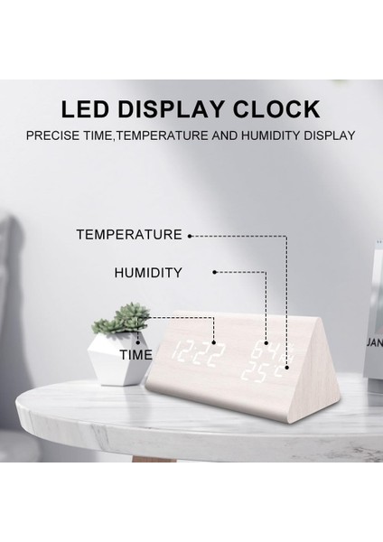 Elektronik LED Zaman Göstergeli Ahşap Dijital Çalar Saat, Yatak Odası Için Nem ve Sıcaklık Algılama, Başucu (Beyaz Üçgen) (Yurt Dışından) modelleri