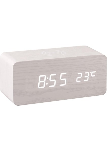 Dijital Ahşap Çalar Saat Yatak Odası Için Elektronik LED Zaman Göstergesi 10W Kablosuz Şarj 3 Alarm Ayarı Tarih ve Sıcaklık Göstergesi, Beyaz (Yurt Dışından)