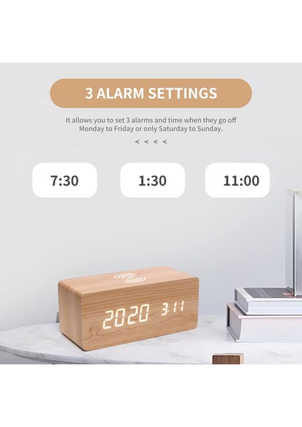 Dijital Ahşap Çalar Saat Yatak Odası Için Elektronik LED Zaman Göstergesi 10W Kablosuz Şarj 3 Alarm Ayarı Tarih ve Sıcaklık Göstergesi, Beyaz (Yurt Dışından) modelleri