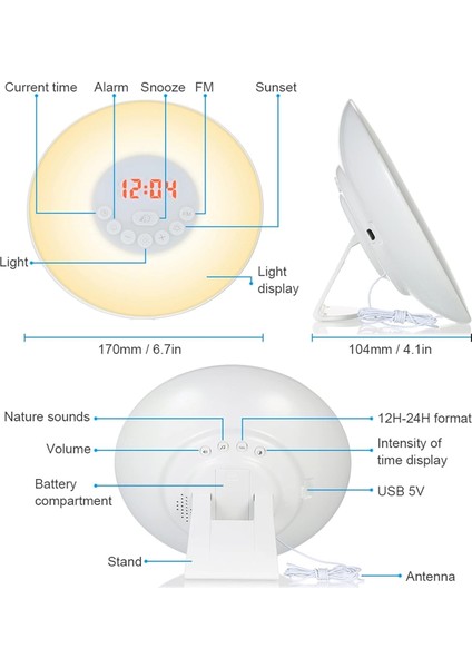 Ekran Saati Dijital Çalar Saat Uyandırma Işığı Masa LED Lambası Elektronik Saat Gün Batımı Alarmı Erteleme Saatleri Radyo Masa Saati Dijital Saatler (Boyut : Usb) (Yurt Dışından)
