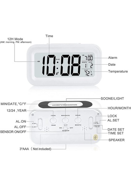 Çok Işlevli Saat Elektrikli Masaüstü Masa Saati Elektronik Alarm Dijital Büyük LED Ekran Masa Saati Veri Zaman Takvimi Masa Saati (Beyaz) (Yurt Dışından)