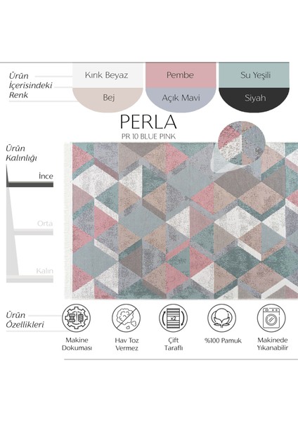 Perla Pr 10 Mavi Pembe Kilim Halı Çift Taraflı Pamuklu Banyo Balkon Kilimi Yıkanabilir Mutfak Kilim