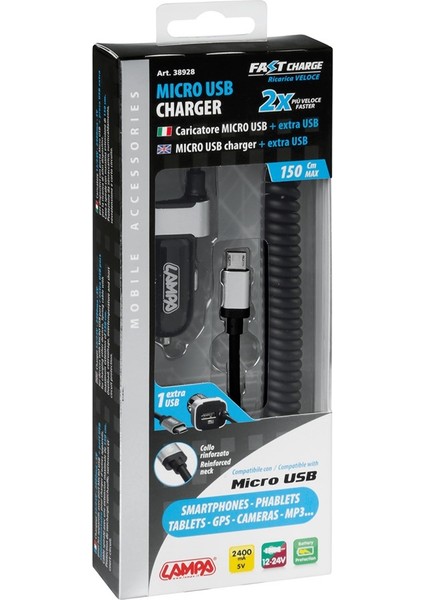 Micro USB Hızlı Araç Şarjı+Extra USB Port 2400mA-5V 38928