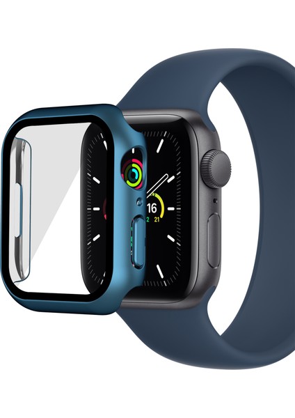 Apple Watch Serisi 7 /8 41MM Mat Pc Saat Kılıfı Temperli Cam Ekran Koruyucu ile Elektrokaplama Saat Kapak Koruyucusu - Mavi (Yurt Dışından)