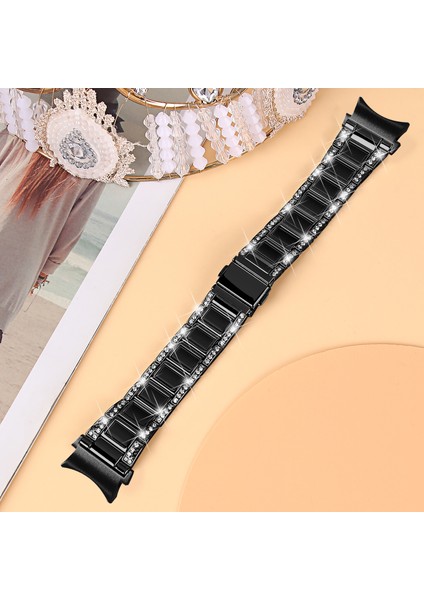 Samsung Galaxy Watch4 Active 40MM/44MM/WATCH4 Classic 42MM/46MM Rhinestone Dekor Paslanmaz Çelik Reçine Saat Band Saat Kayış Adaptörü - Siyah/siyah (Yurt Dışından) modelleri