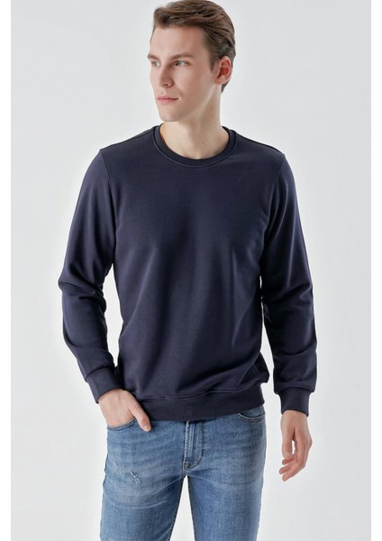 Slim Fit Bisiklet Yaka Düz Renk 2 İplik Erkek Sweatshirt