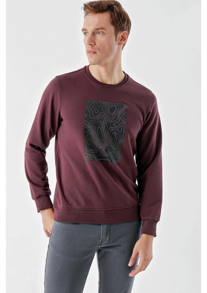 Slim Fit Bisiklet Yaka Önü Baskılı 2 İplik Erkek Sweatshirt