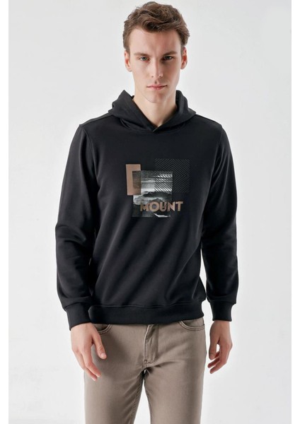 Slim Fit Kapşonlu Önü Baskılı 2 İplik Erkek Sweatshirt