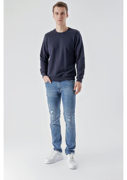 Slim Fit Bisiklet Yaka Düz Renk 2 İplik Erkek Sweatshirt modelleri