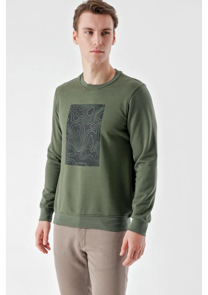 Slim Fit Bisiklet Yaka Önü Baskılı 2 İplik Erkek Sweatshirt