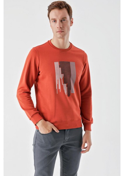 Slim Fit Bisiklet Yaka Önü Baskılı 2 İplik Erkek Sweatshirt