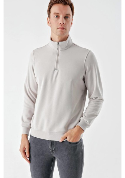 Slim Fit Yarım Fermuarlı Dik Yaka 2 İplik Erkek Sweatshirt