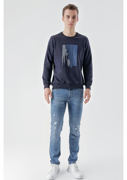 Slim Fit Bisiklet Yaka Önü Baskılı 2 İplik Erkek Sweatshirt modelleri