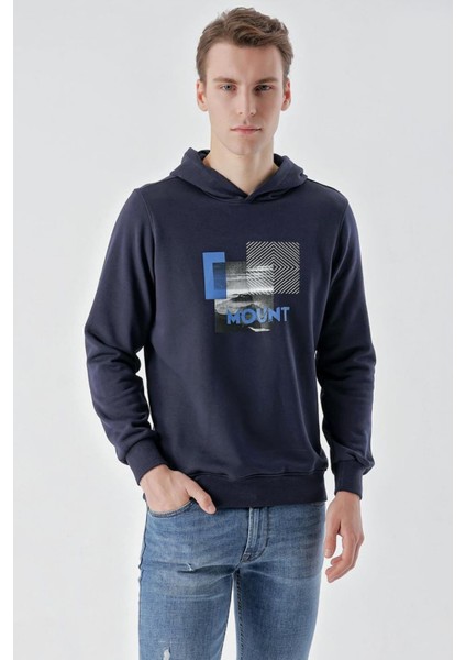 Slim Fit Kapşonlu Önü Baskılı 2 İplik Erkek Sweatshirt