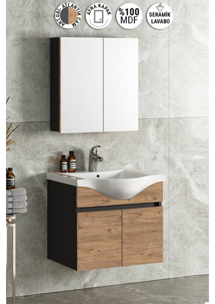 Yıldız 65 cm Antrasit Gri Mat-Atlantik Çam Mdf Seramik Lavabolu Asma Banyo Dolabı Takımı